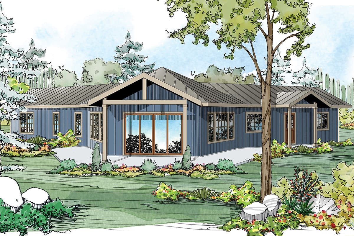 House plan exterior rendering of a one-story modern home with a metal gable roof, horizontal siding, and large windows.