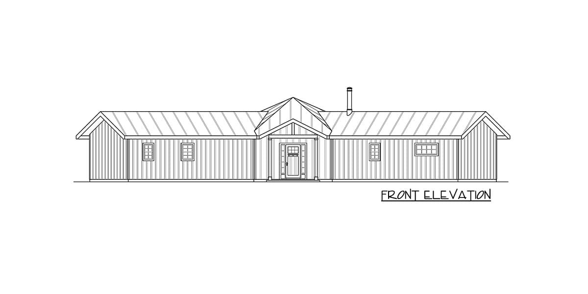 Front elevation drawing of a single-story house with a gabled roof, covered porch, and horizontal siding.