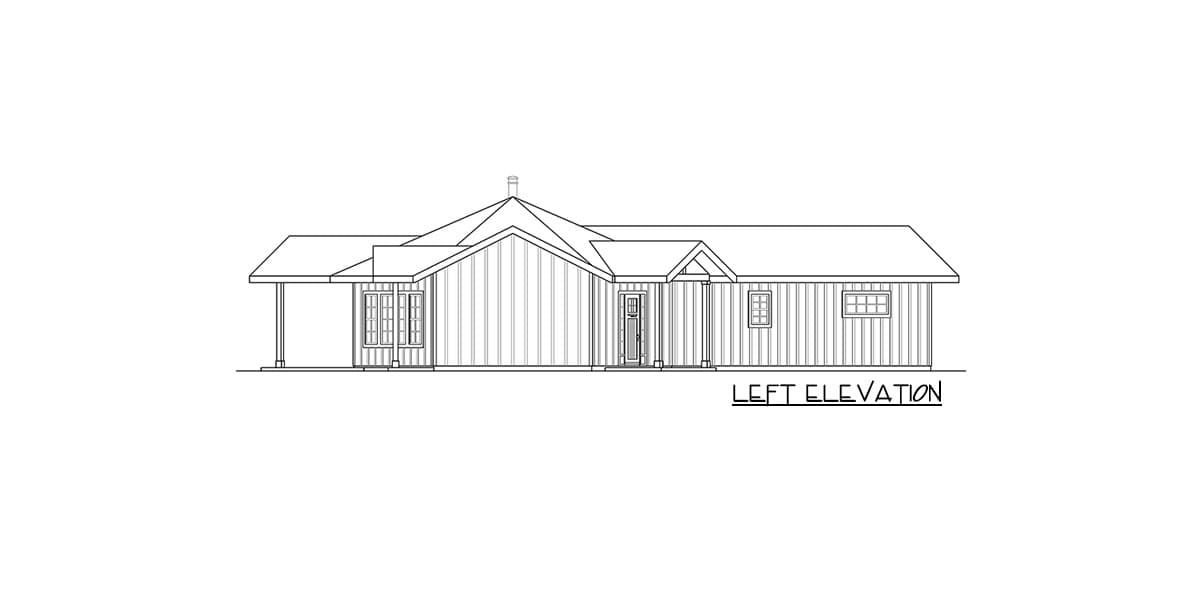 Left elevation house plan showing a single-story home with a covered porch, gables, and vertical siding.