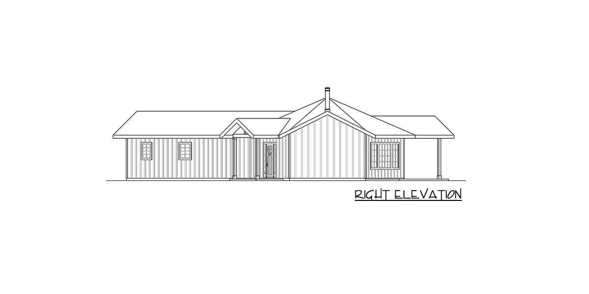 Right elevation house plan: one-story, gabled roof, covered entry with porch, and multi-pane windows.