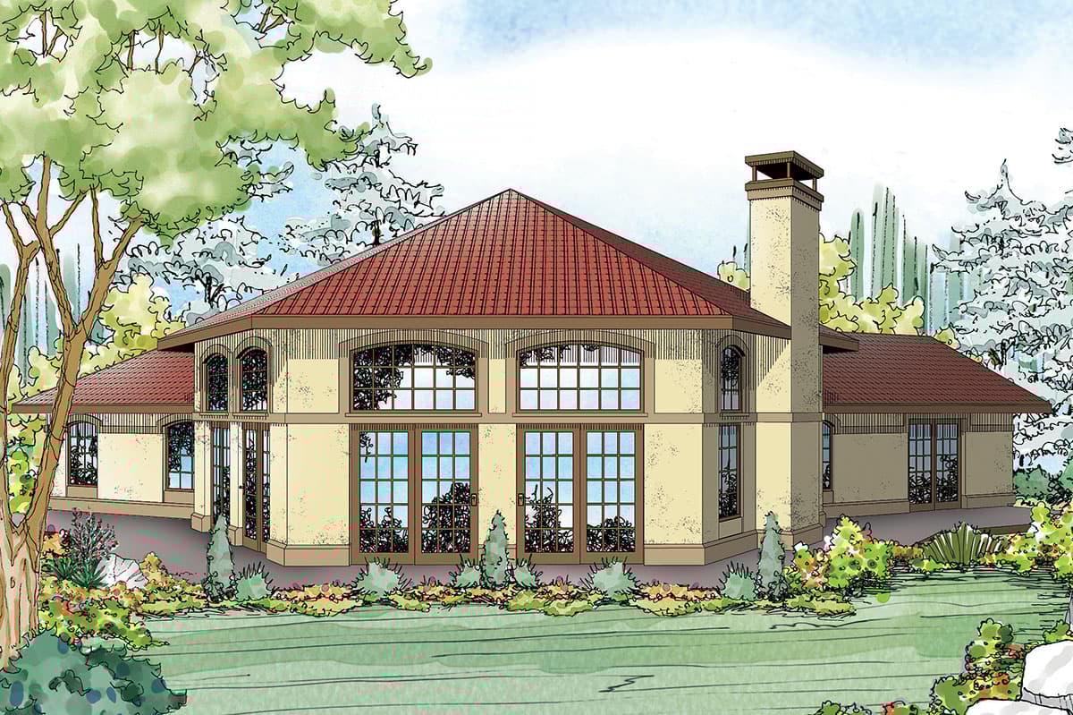 House plan exterior: Two-story home with hip roof, large arched windows, and prominent chimney.