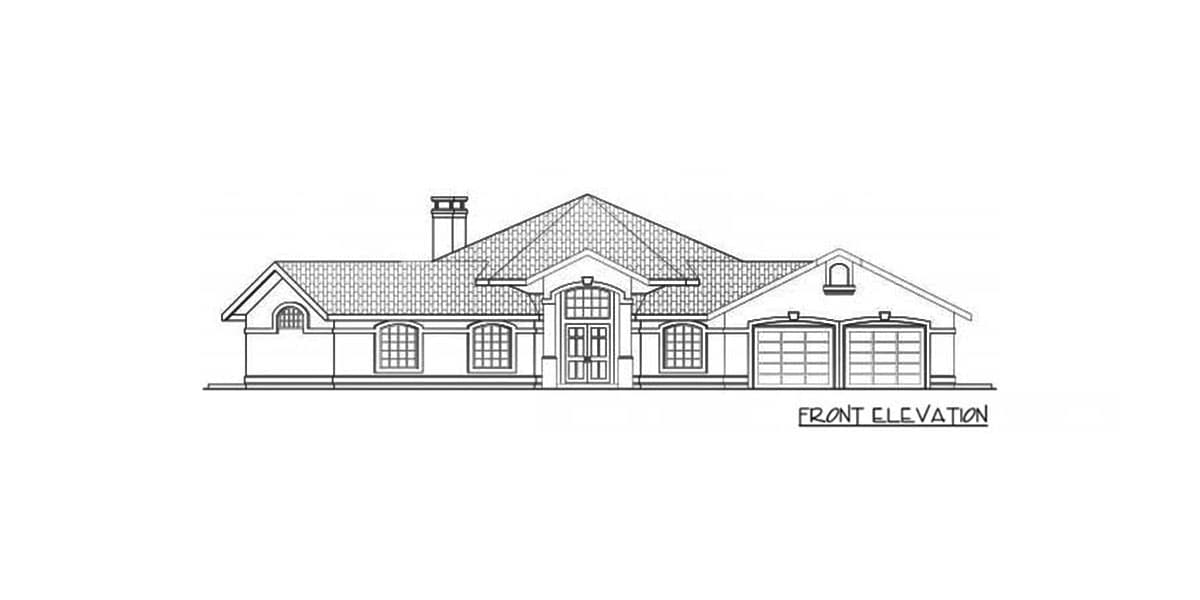 Front elevation drawing of a single-story house with a central arched entryway, dual garage, and hip rooflines.