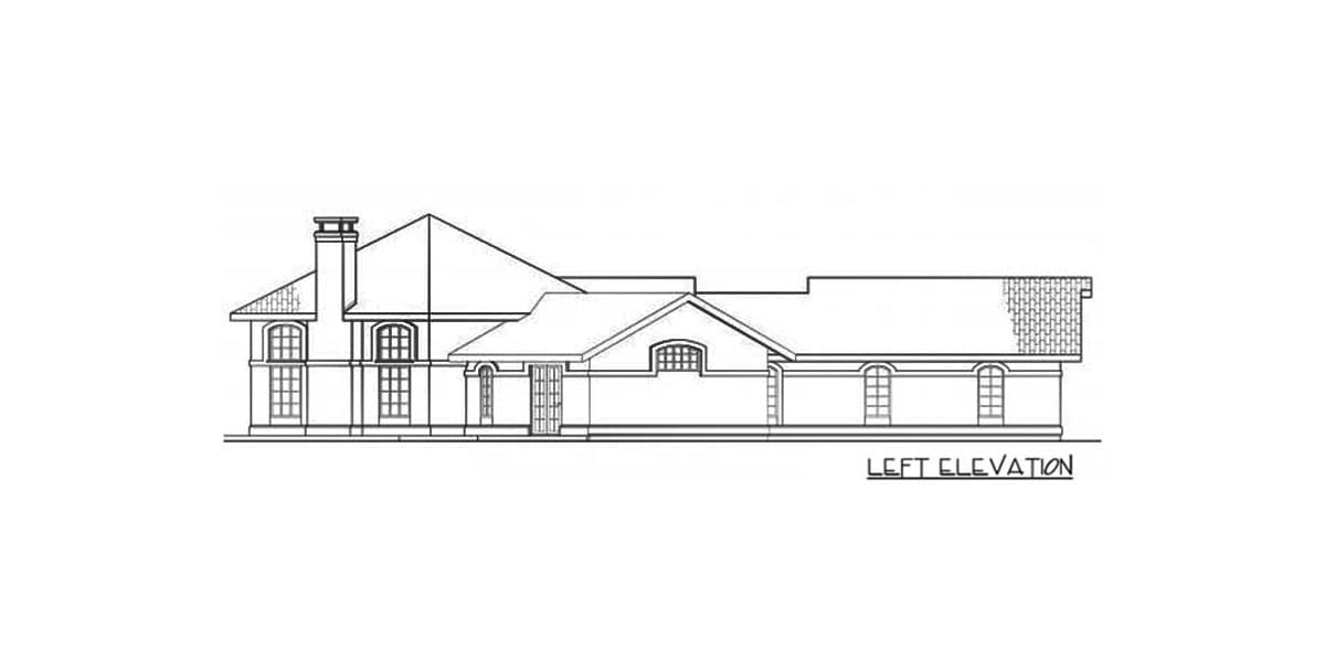 Left elevation house plan with hip roof, prominent chimney, arched windows, and brick detail.