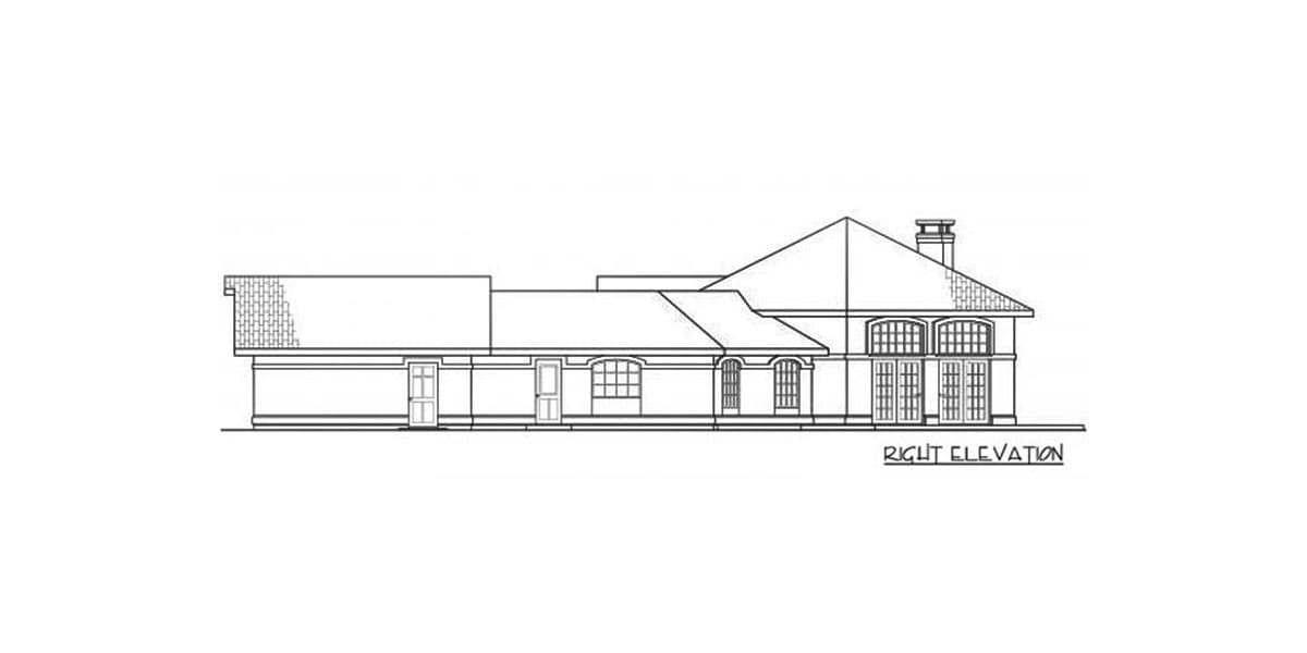 Right elevation drawing of a house plan featuring a multi-level roof, varied window styles, and a prominent chimney.