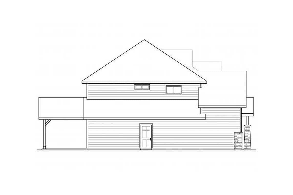 House plan exterior: Two-story home with gabled roof, horizontal siding, front door, covered porch area, and stone-clad support columns.