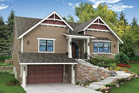House plan exterior: Two-story Craftsman home with stone foundation, front-facing garage, gabled dormers, and covered entry.