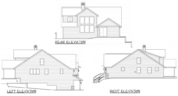 House plan elevations: rear, left, and right views showing multiple stories, gables, dormers, and varied rooflines.