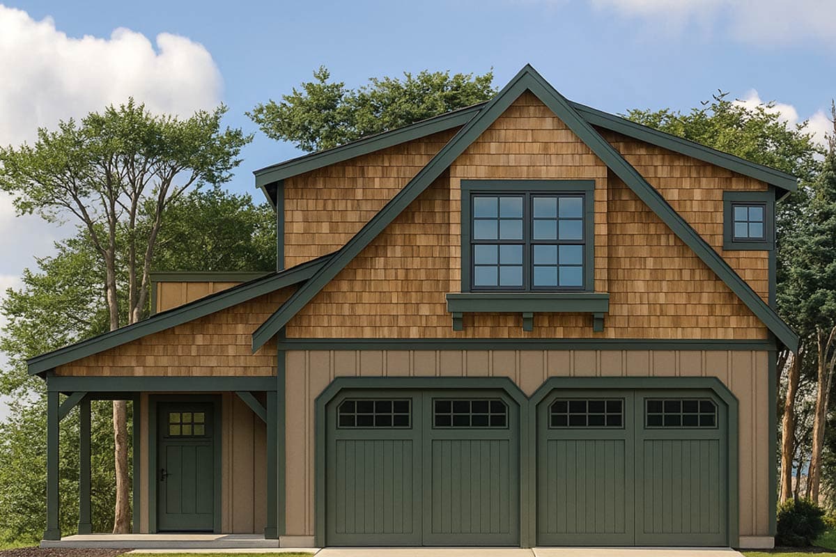 House plan exterior: Two-story structure with cedar shake siding, a covered porch, and two garage bays.