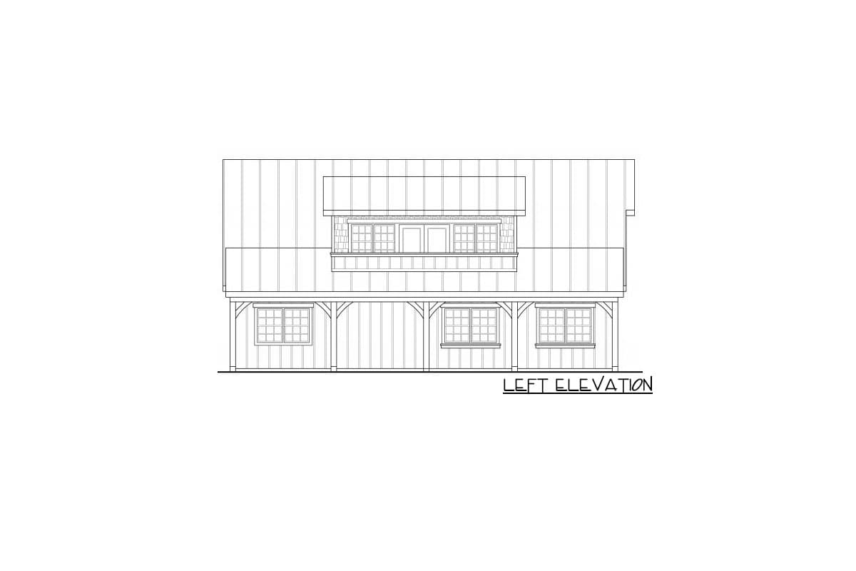 Left elevation drawing of a house plan featuring a covered porch with timber supports and a second-story balcony.
