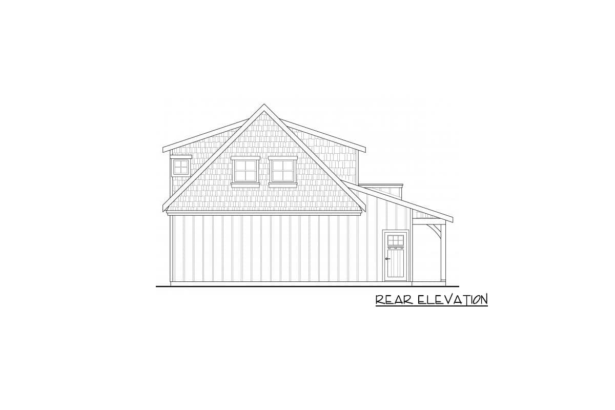 Rear elevation house plan with shingled gable, dormers, vertical siding, and covered entrance.