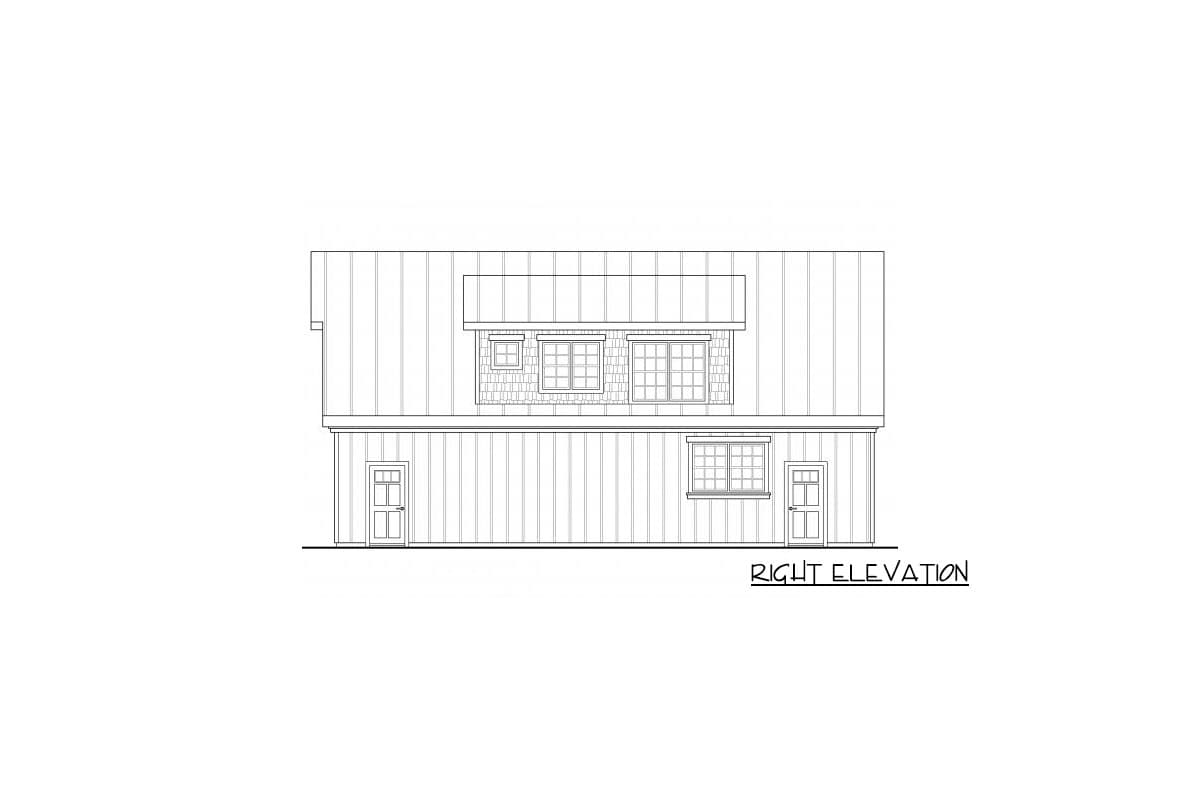 Right elevation house plan drawing with two doors on the first floor and multiple windows on the second floor.