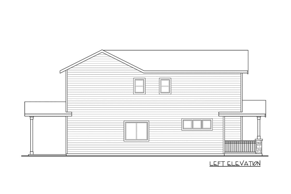 Left elevation drawing of a two-story house plan with horizontal siding, a covered porch, and multiple windows.