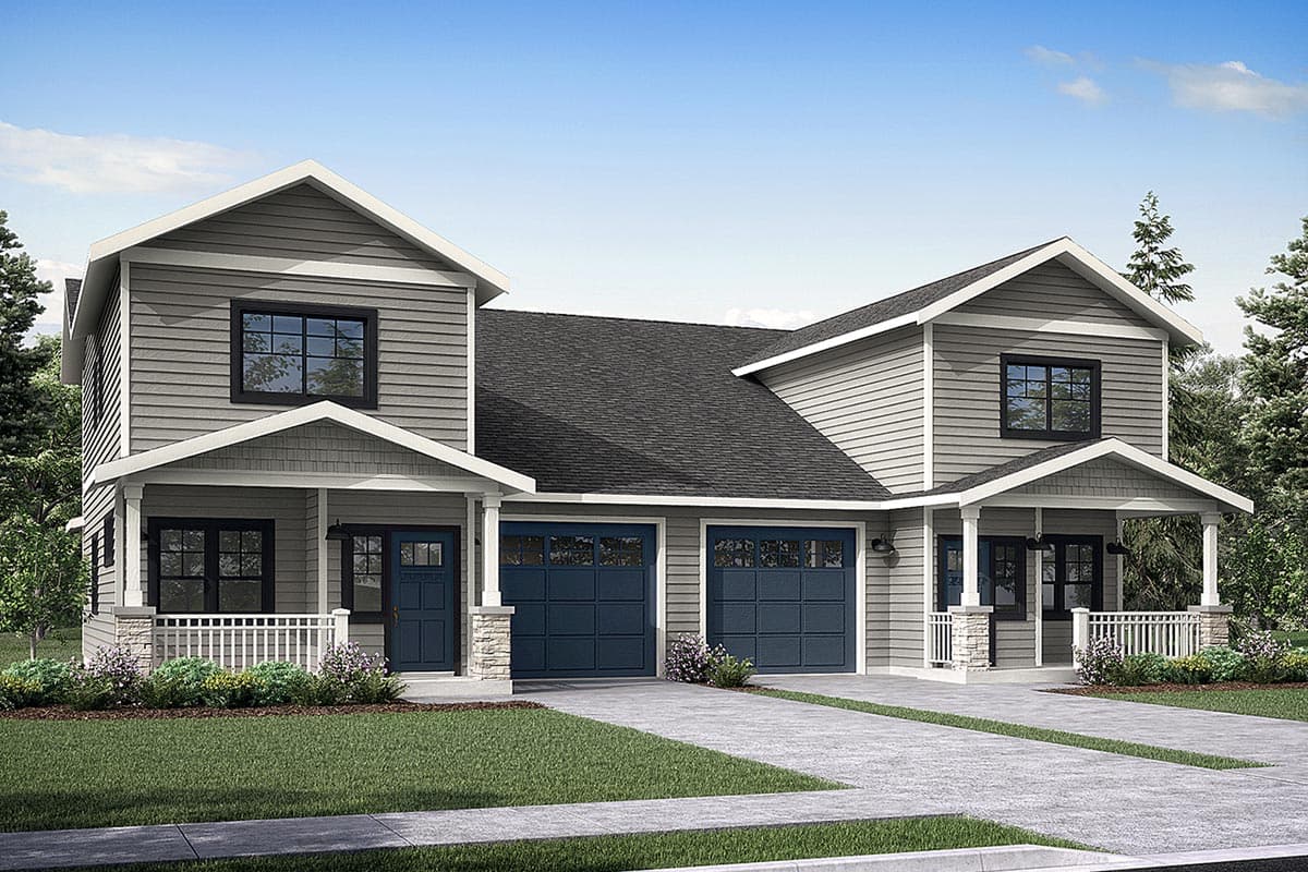 House plan exterior. Two-story Craftsman style home with front porches, gables, and a two-car garage. Features include white trim and gray siding.