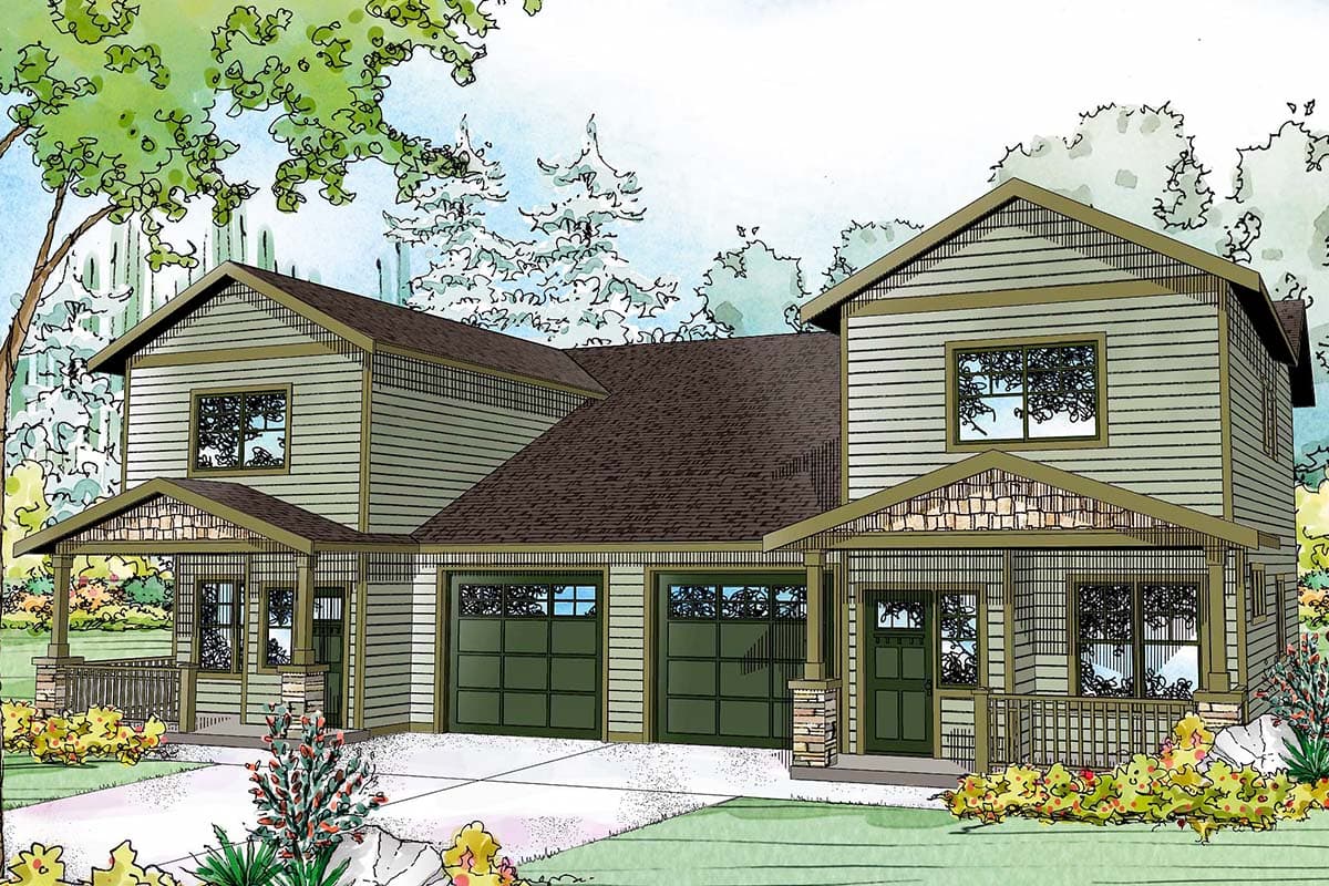 House plan exterior: two-story duplex with a two-car garage, gable roofs, and covered porches with stone supports.