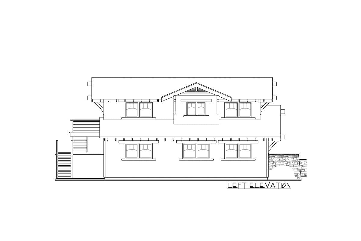 Left elevation drawing of a two-story house plan with multiple windows and a pitched roof.