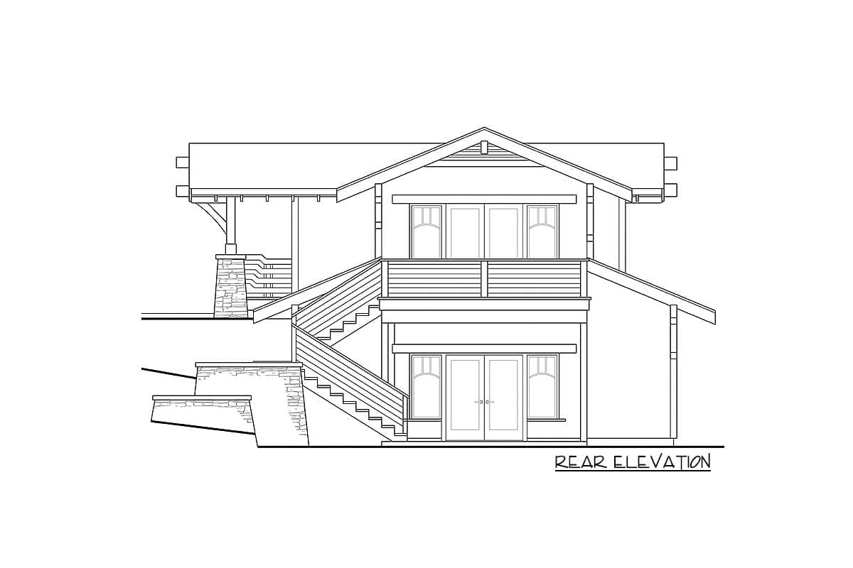 Rear elevation drawing of a two-story house plan featuring a covered porch, stone accents, a balcony, and exterior stairs.