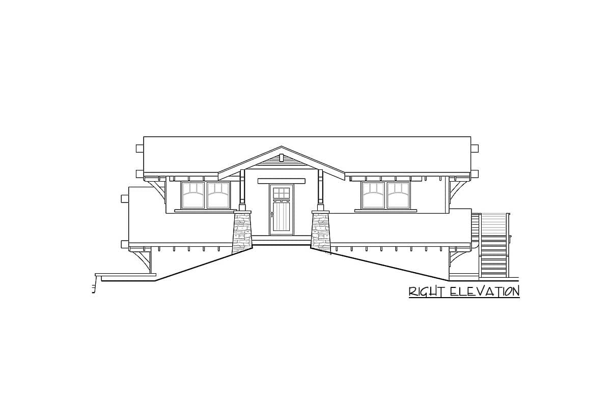 Right elevation drawing of a one-story house with a covered entry, stone piers, gable roof, and side deck.