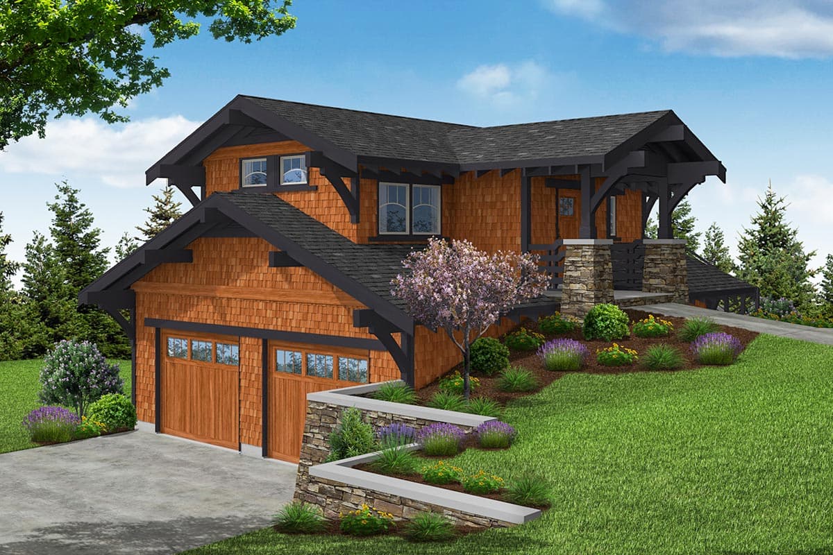 House plan exterior, two stories, wood shake siding, exposed rafter tails, and a stone-clad porch.