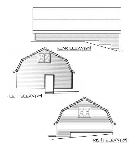 Barn style house plan showing front, rear, and side elevations with gambrel roof, double-hung window, and entry door.