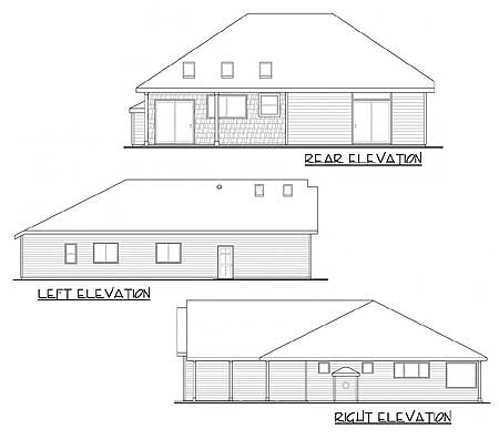Architectural house plan elevations: rear, left, and right views showing rooflines, windows, doors, and siding.