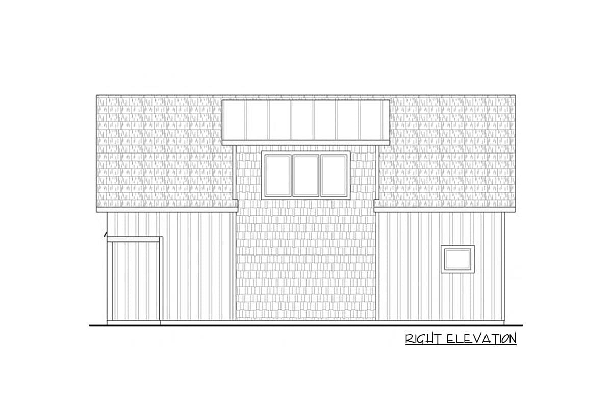 Right elevation drawing showing a two-story house plan with multiple windows and a pitched roof.