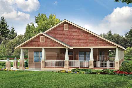 House plan exterior: one-story ranch with large front porch, white railing, and stone-clad columns.