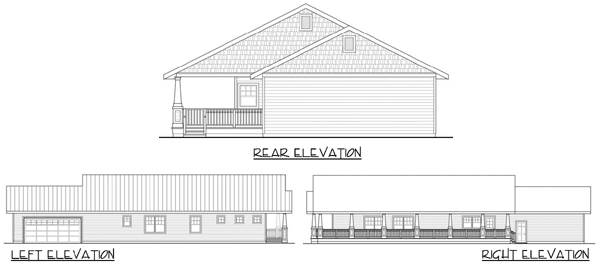 House plan elevations: rear, left with garage, and right with covered porch. Single-story.