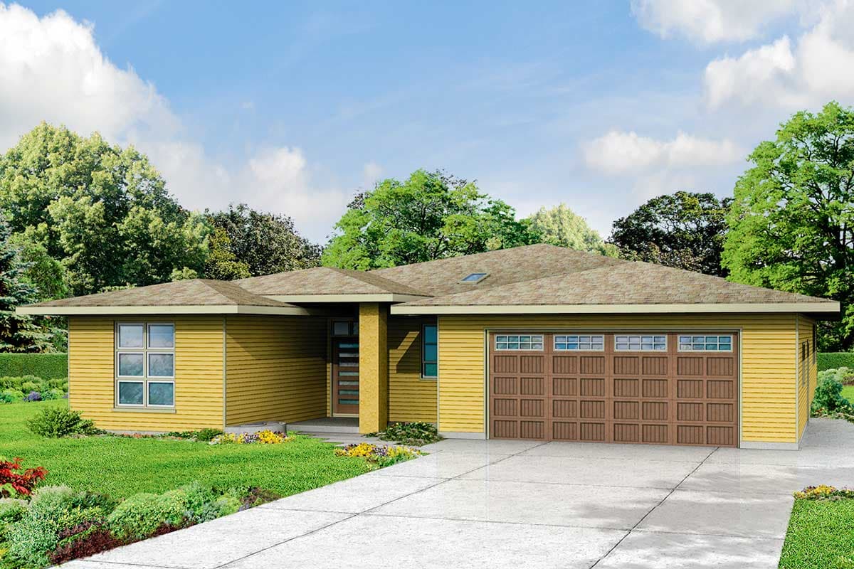 House plan exterior. Single-story, modern style home with flat roof. Features include an attached garage, covered entryway, and large windows.
