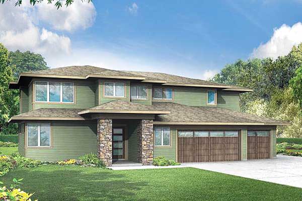 House plan exterior: Modern style, two-story, featuring stone-clad porch columns, wide eaves, and a three-car garage.