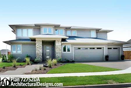 Modern house plan exterior shows a two-story home with a stone-accented entryway, multiple gables, and a three-car garage.