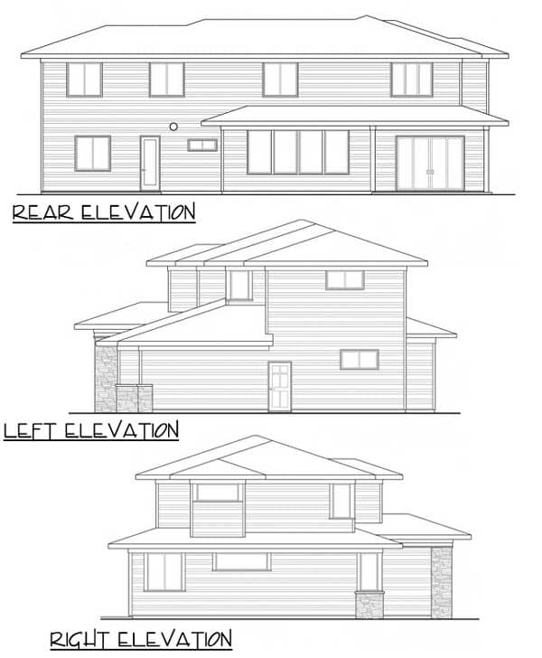 Rear, left, and right elevations of a two-story house plan with gabled rooflines, horizontal siding, and stone accents.