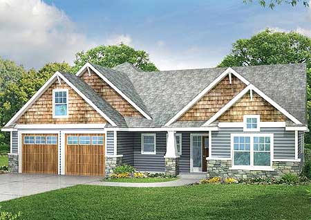 House plan exterior: Craftsman style, two-story home with a three-car garage, prominent gables, and stone foundation.