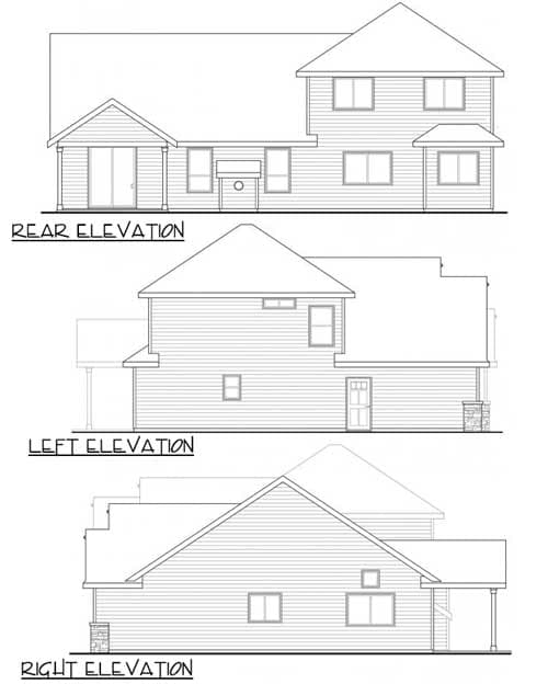 Rear, left, and right elevations of a two-story house plan featuring gables, dormers, and a covered rear porch.