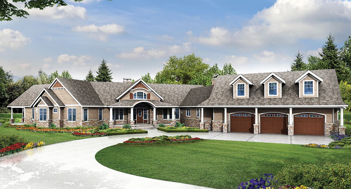 Ranch house plan exterior with gabled dormers, covered entry porch, and a three-car garage.