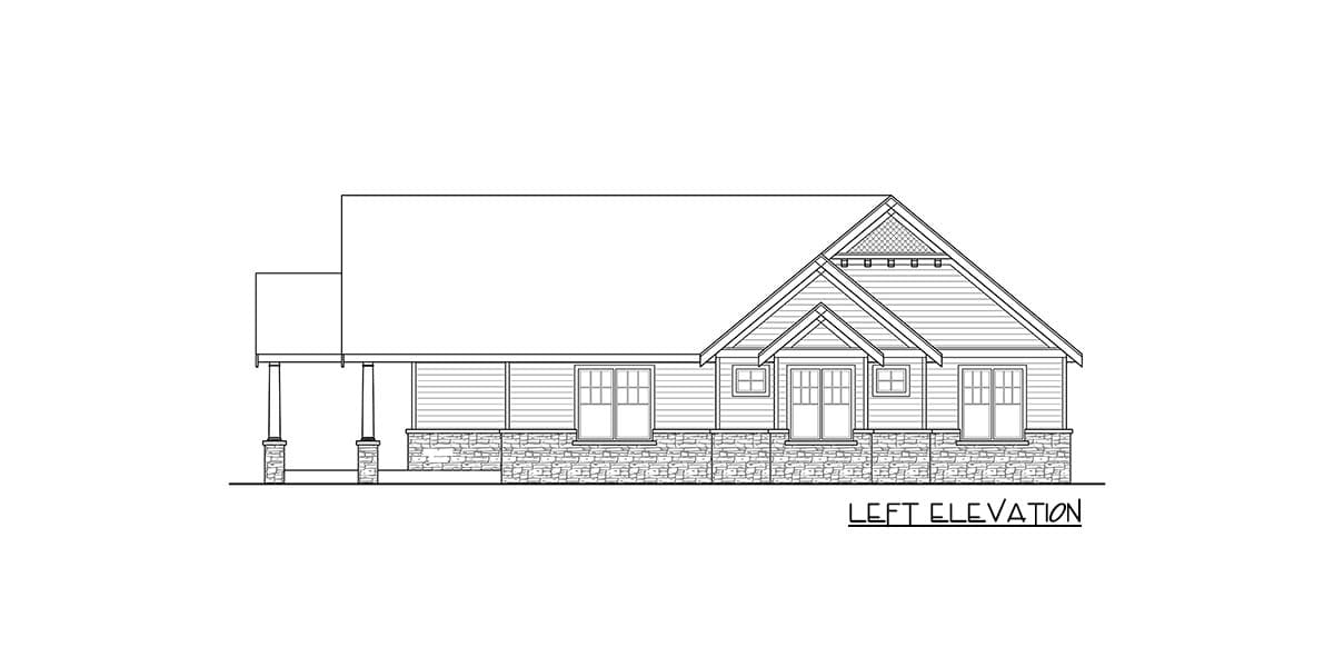Left elevation house plan with stone base, horizontal siding, gabled roof, dormers, and covered porch with square columns.