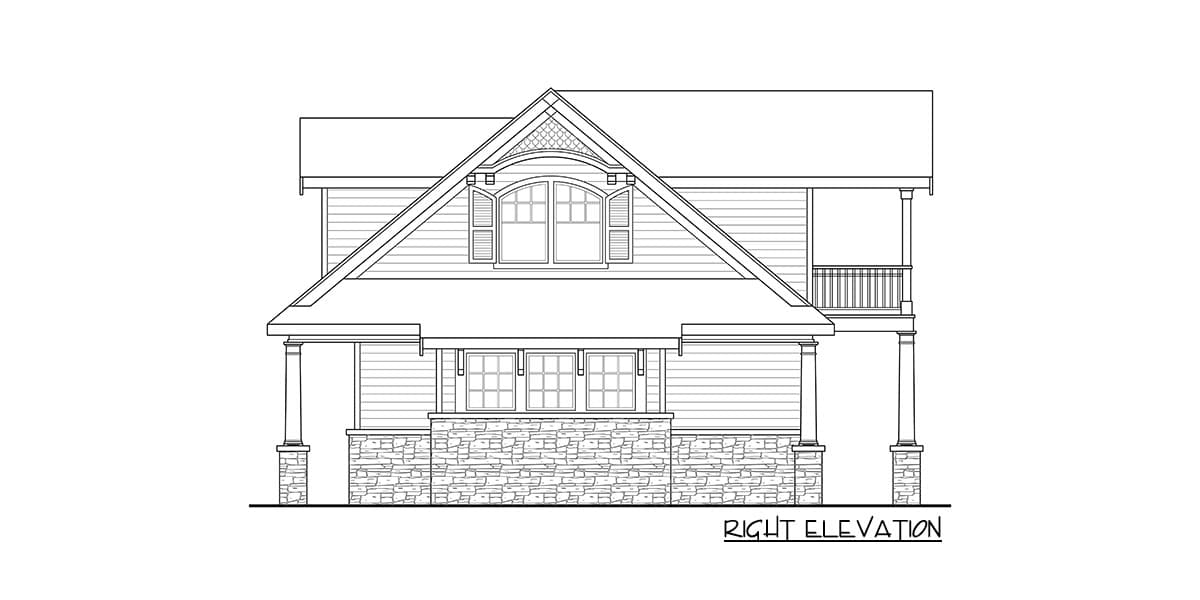 House plan right elevation showing a two-story home with stone foundation, covered porch, dormer, and gabled roof.