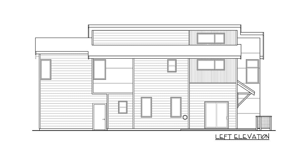Left elevation drawing of a multi-story house with horizontal siding, varied window sizes, and a modern roofline.
