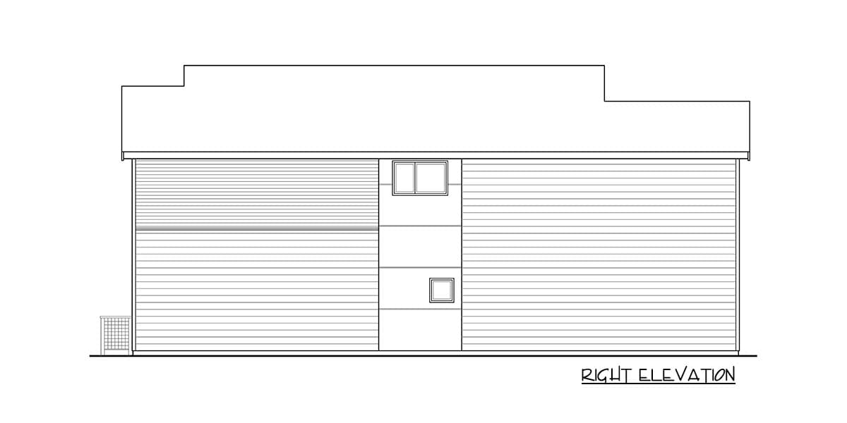 Right elevation house plan drawing with horizontal siding, two windows, and a stepped roofline.