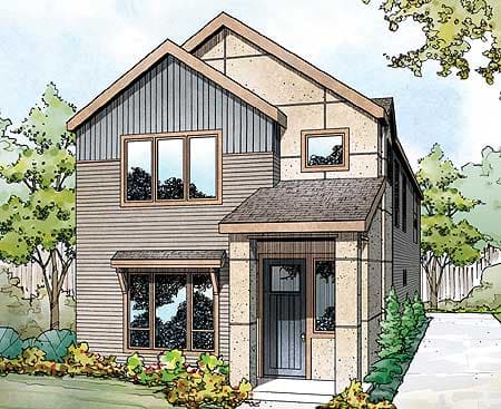 House plan exterior of a two-story modern home with a pitched roof, varied siding, and a covered entry with a single door.