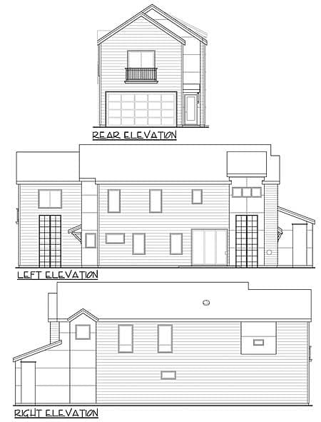 Architectural house plan: rear, left, and right elevations showing a two-story structure with a gable roof, garage, and modern window patterns.