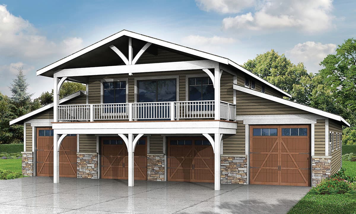 House plan exterior with four garage bays, elevated deck with railing, and prominent gable with exposed rafter tails.