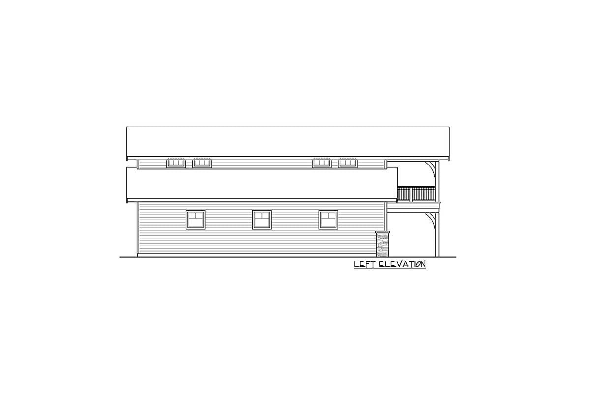 Left elevation drawing of a two-story house plan with horizontal siding, multiple windows, and a covered porch with railings.