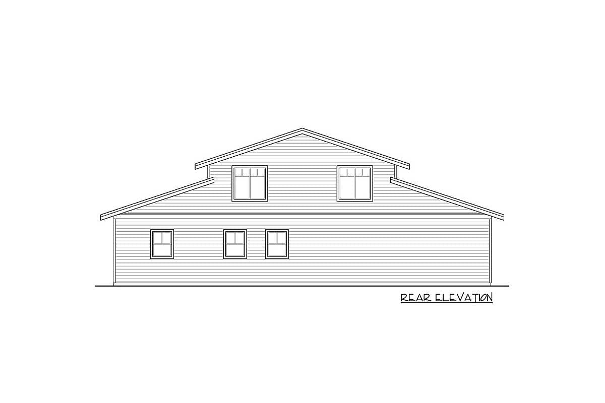 Rear elevation drawing of a two-story house plan with horizontal siding and a prominent roofline.