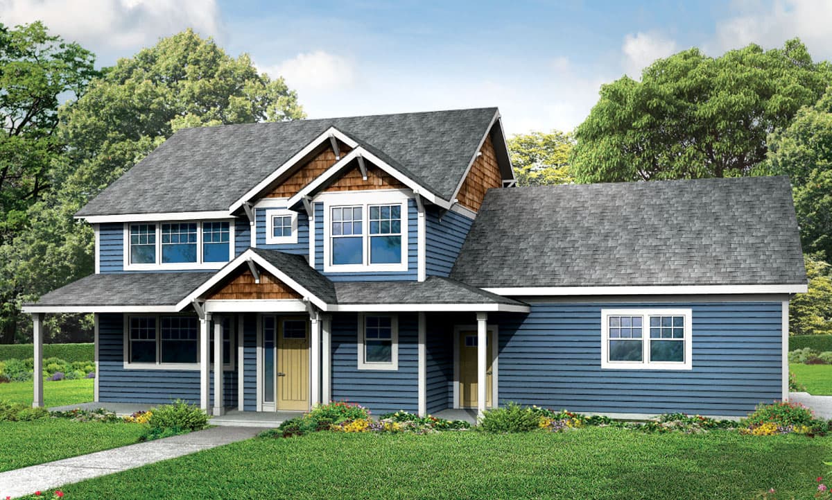 Two-story house plan exterior with gabled dormers, shed roof over porch, and shake siding accents.