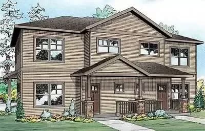 Duplex House Plan with Asymmetrical 3 Bed 2.5 Bath Units Under 1500 Sq Ft