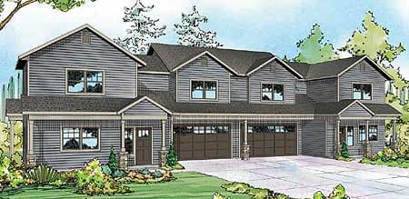 House plan exterior showing a two-story Modern Farmhouse with a central gable, three garage doors, and covered entry porches.