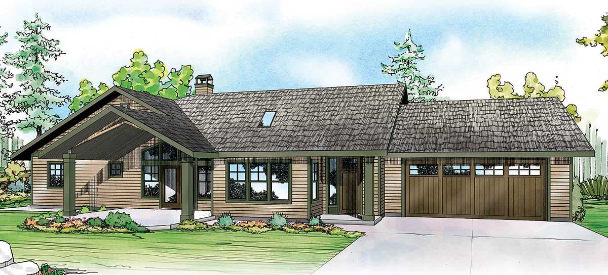 House plan exterior: Ranch style, 1 story, covered porch, gabled roof with dormer, attached 2-car garage.