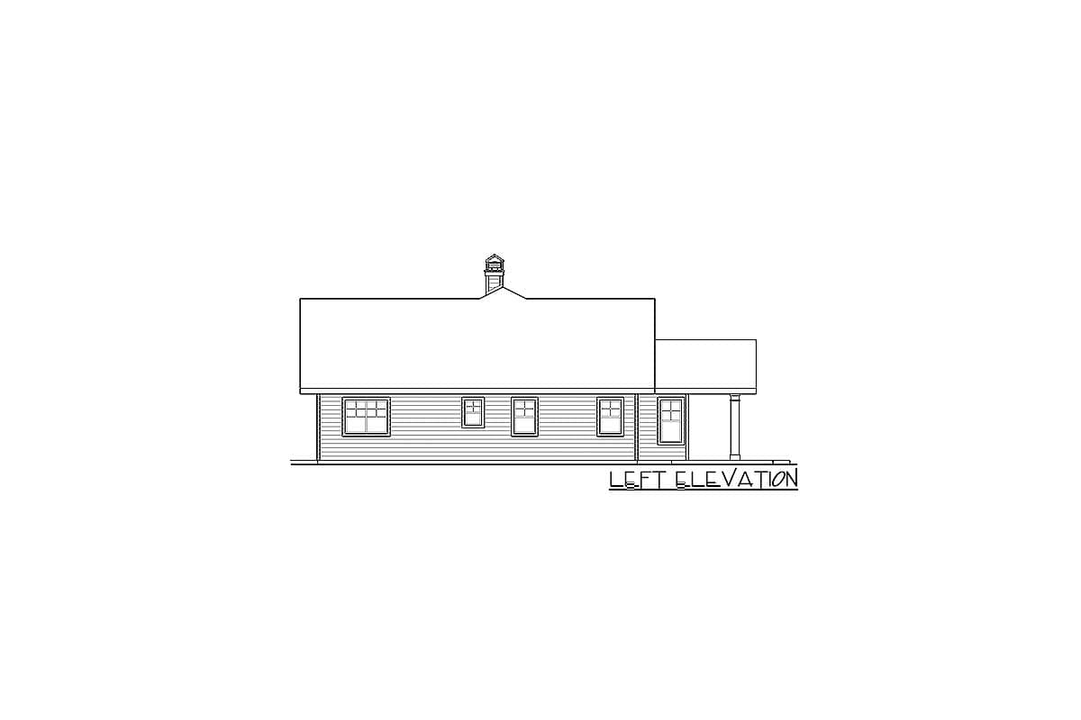 Left elevation drawing of a house with a prominent hip roof, multiple windows, and a covered porch.