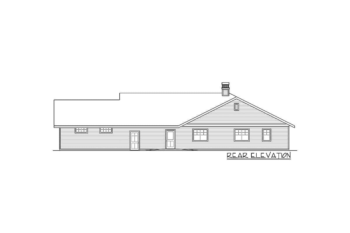 Rear elevation drawing of a single-story house plan with two doors, multiple windows, and a prominent gable roof with a chimney.
