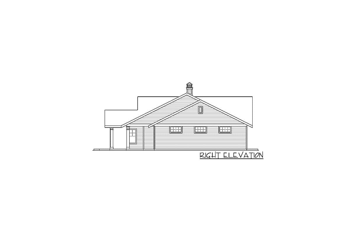 Right elevation of a house plan showing a pitched roof, gabled dormer, and three windows.